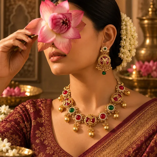 Gold_And_Ruby_Spelter_Alloy_Temple_Style_Stone_Necklace_And_Earrings_Set_For_Women