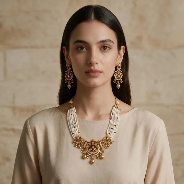 Gold_And_Ruby_Spelter_Alloy_Temple_Style_Stone_Necklace_And_Earrings_Set_For_Women