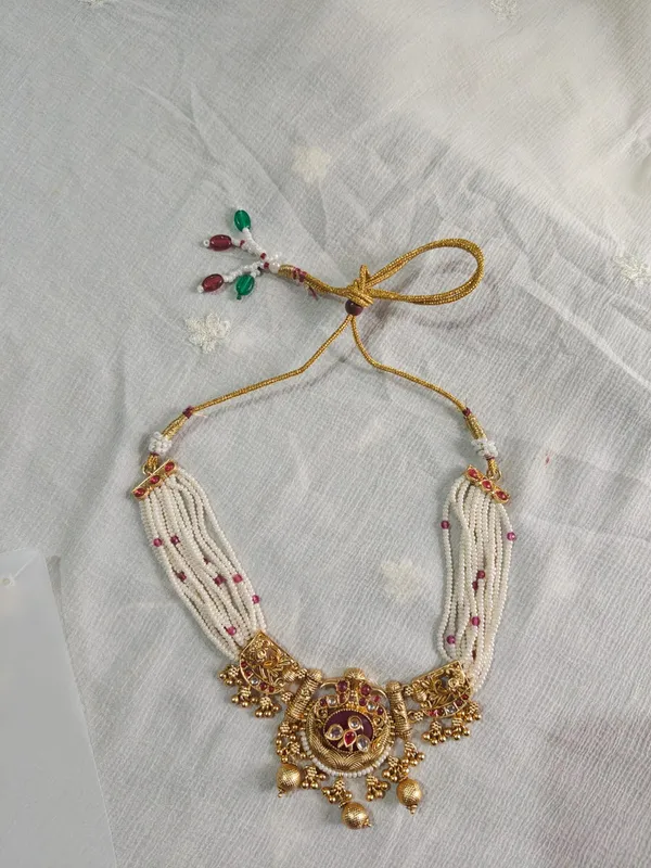 Gold_Tone_Pearl_Beaded_Necklace_And_Earrings_Set_For_Women