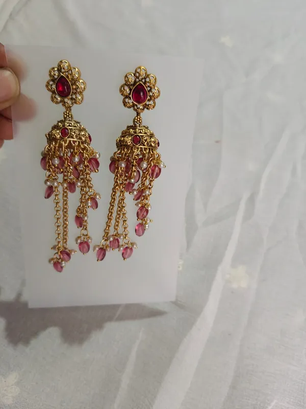 Gold_Tone_Pink_Stone_Long_Dangle_Earrings_for_Women
