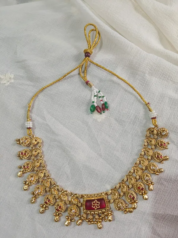 Gold_Tone_Maroon_Stone_Necklace_And_Earrings_Set