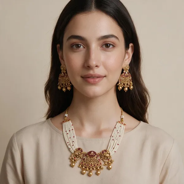 Gold_Maroon_Spelter_Alloy_Traditional_White_Beaded_Necklace_Set_With_Earrings_For_Women