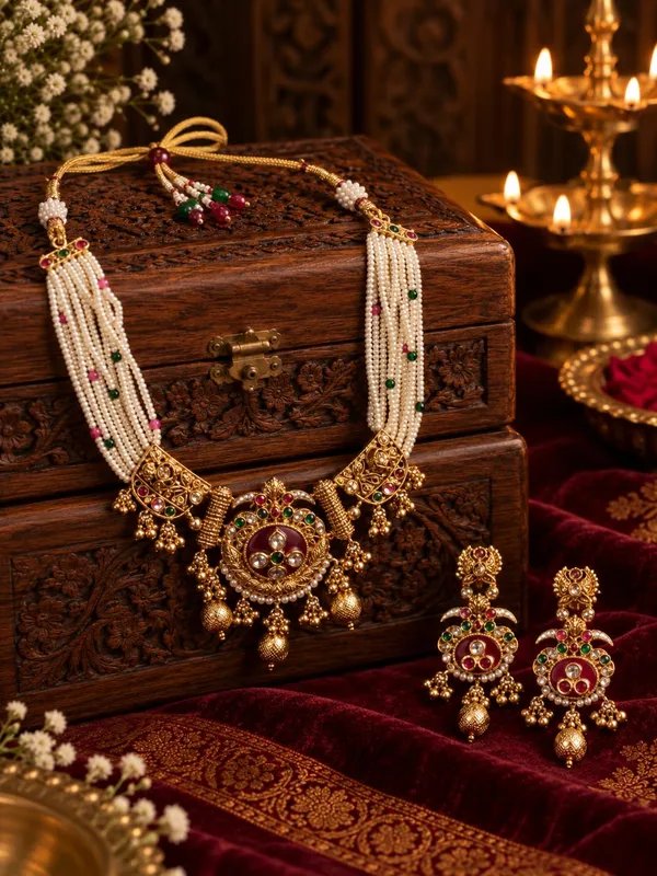 Gold_And_Ruby_Spelter_Alloy_Temple_Style_Stone_Necklace_And_Earrings_Set_For_Women