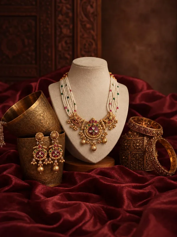 Gold_And_Ruby_Spelter_Alloy_Temple_Style_Stone_Necklace_And_Earrings_Set_For_Women
