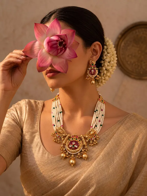 Gold_And_Ruby_Spelter_Alloy_Temple_Style_Stone_Necklace_And_Earrings_Set_For_Women