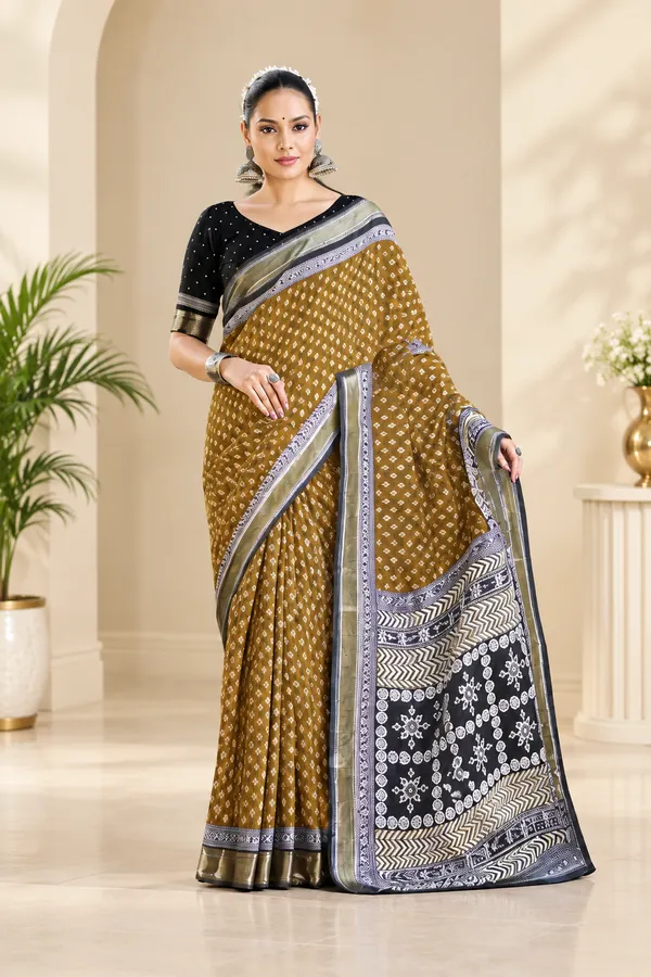 Brown_Traditional_Printed_Saree_With_Black_Silver_Border_For_Women