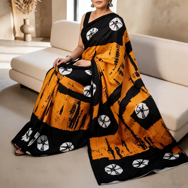 Mustard_And_Black_Abstract_Printed_Saree_For_Women