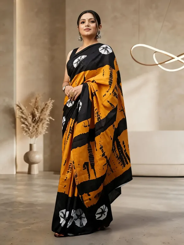 Mustard_And_Black_Abstract_Printed_Saree_For_Women