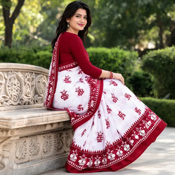 White_And_Red_Geometric_Printed_Saree_For_Women