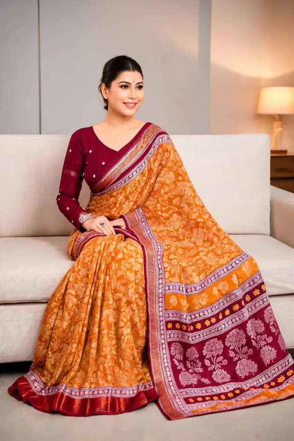 Orange_Floral_Printed_Saree_For_Women