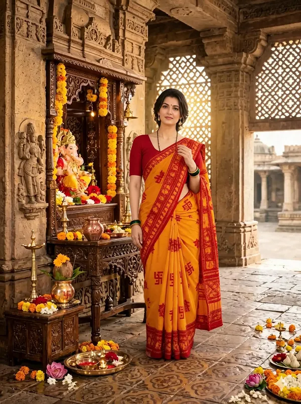 Orange_Traditional_Motif_Printed_Saree_For_Women