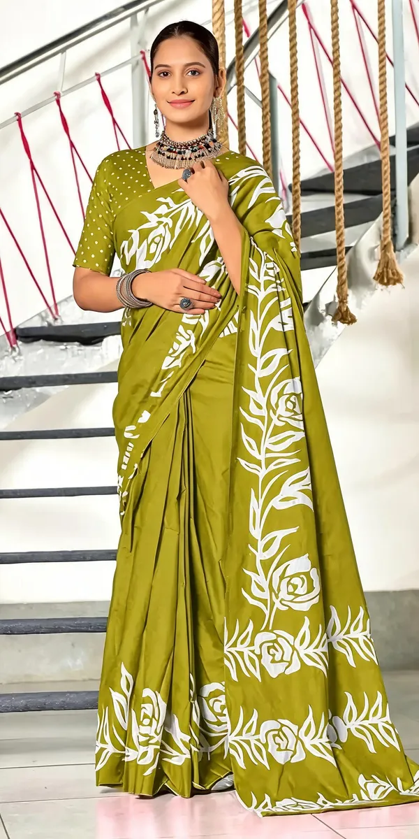 Olive_Green_Floral_Printed_Saree_For_Women