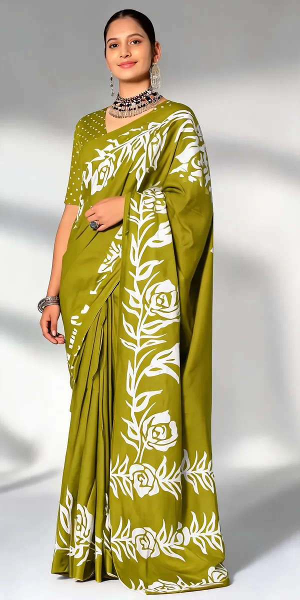 Olive_Green_Floral_Printed_Saree_For_Women