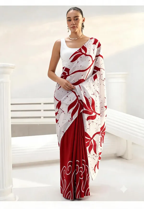 White_And_Red_Floral_Printed_Saree_For_Women