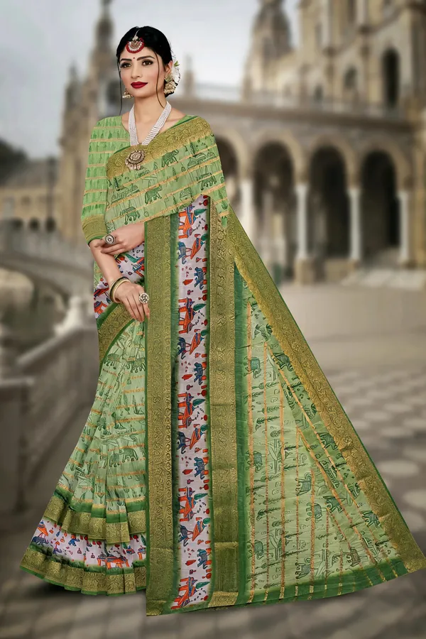 Green_Traditional_Motif_Printed_Saree_For_Women
