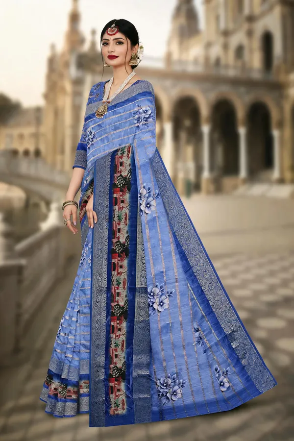 Blue_Floral_Striped_Printed_Saree_For_Women