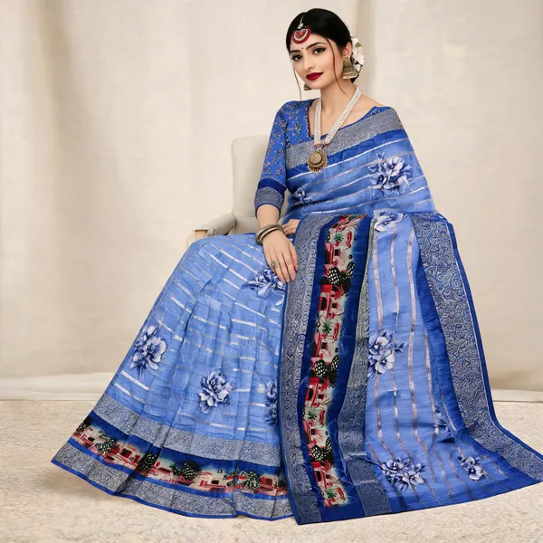 Blue_Floral_Striped_Printed_Saree_For_Women