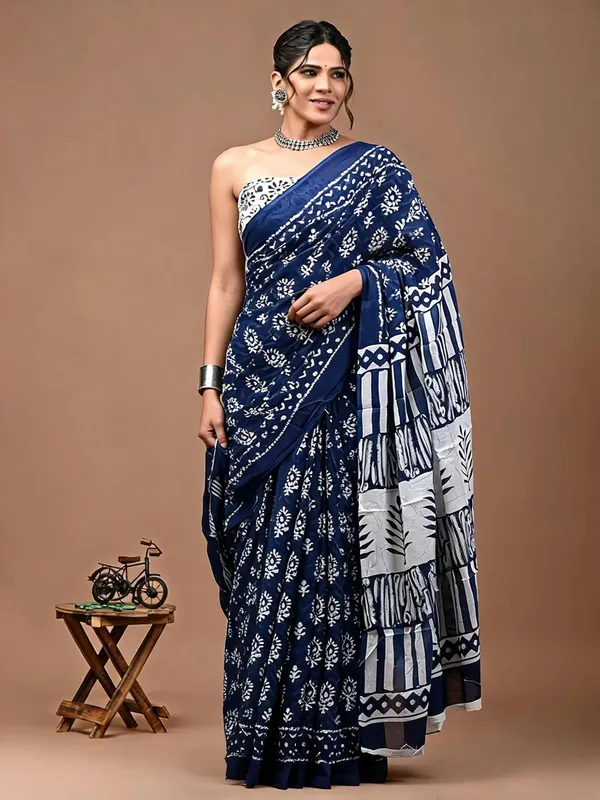 Navy_Floral_Geometric_Printed_Ethnic_Saree_For_Women