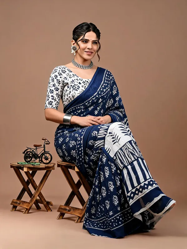 Navy_Floral_Geometric_Printed_Ethnic_Saree_For_Women