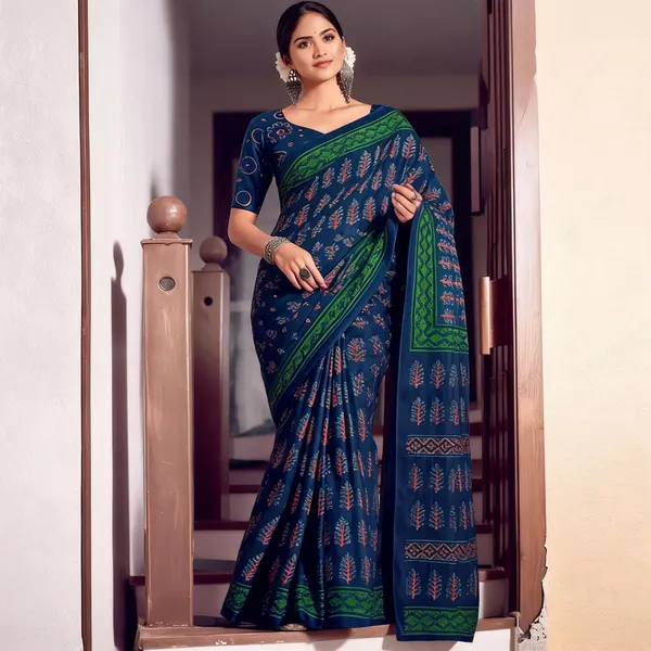 Blue_Printed_Saree_With_Green_Border_For_Women