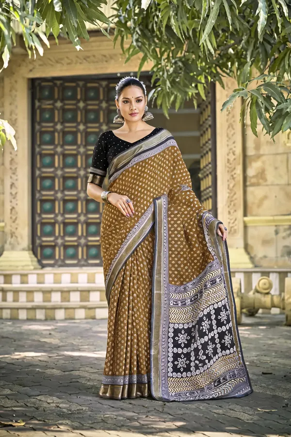 Brown_Traditional_Printed_Saree_With_Black_Silver_Border_For_Women