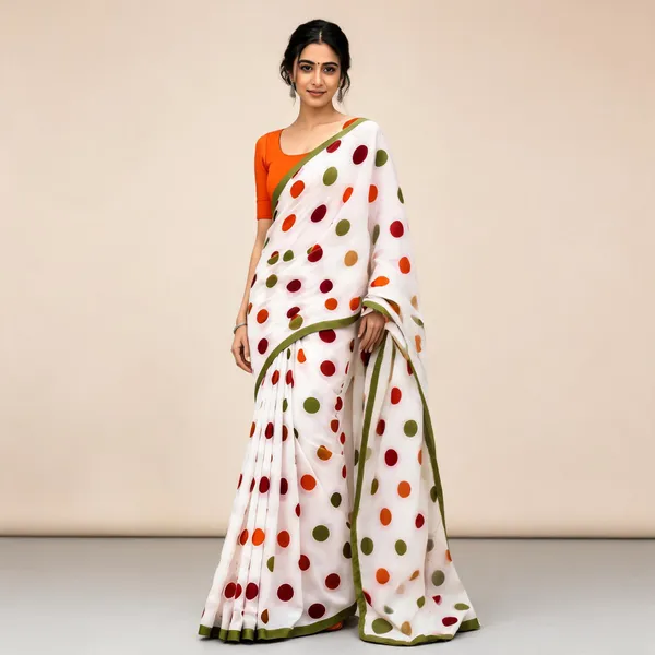 White_Multicolour_Polka_Dot_Printed_Saree_For_Women