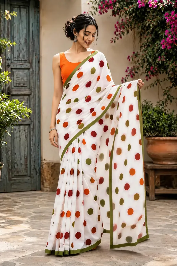 White_Multicolour_Polka_Dot_Printed_Saree_For_Women