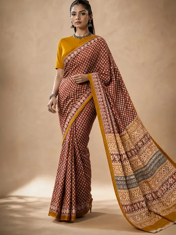 Brown_Mustard_Traditional_Printed_Ethnic_Saree_For_Women