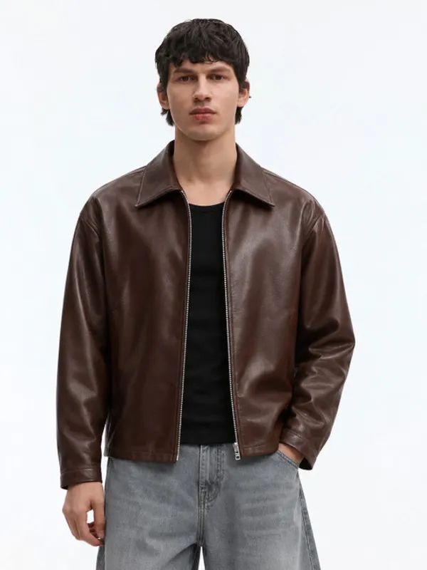 Brown_Leather_Regular_Fit_Zip-Up_Jacket_For_Unisex