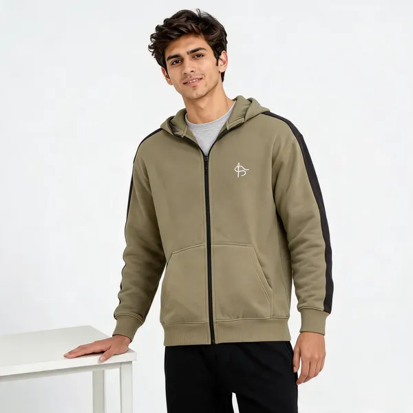 Khaki_Cotton_Hooded_Zip-Up_Jacket_For_Unisex