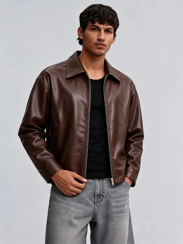 Brown_Leather_Regular_Fit_Zip-Up_Jacket_For_Unisex
