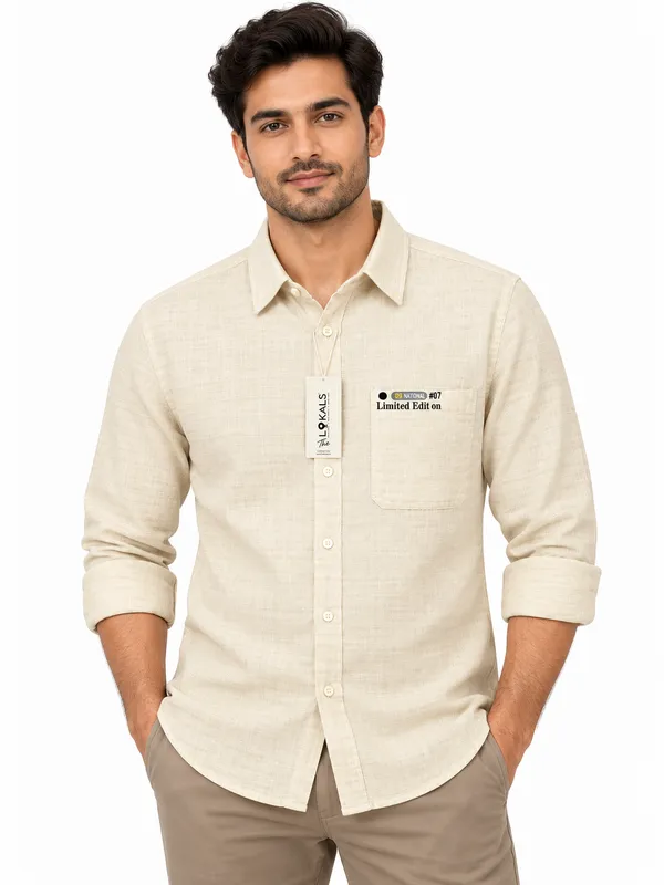 Cream_Textured_Full_Sleeve_Casual_Shirt_For_Men