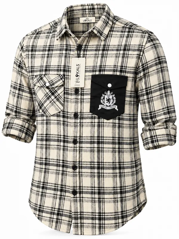 Cream_Plaid_Casual_Shirt_For_Men