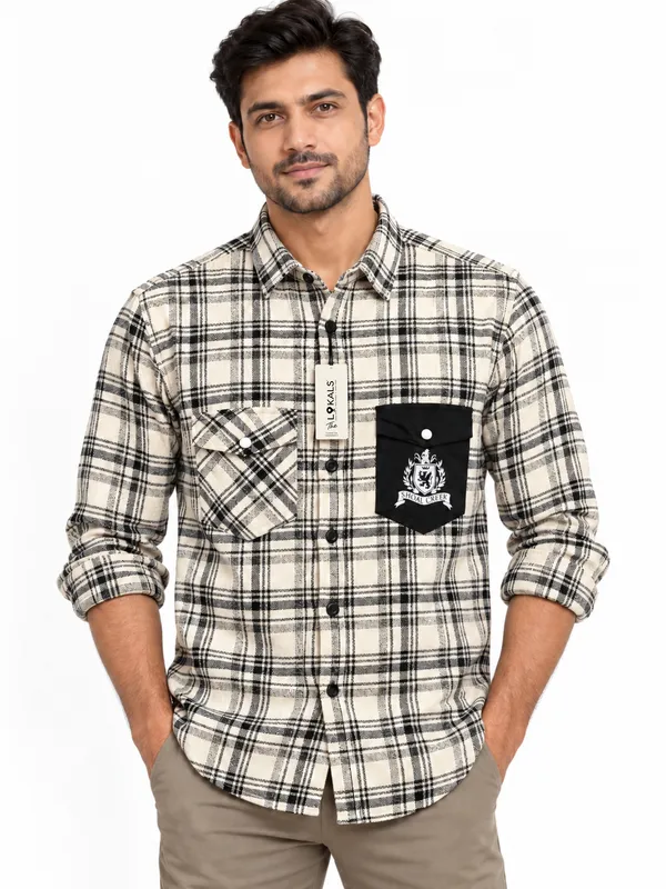 Cream_Plaid_Casual_Shirt_For_Men