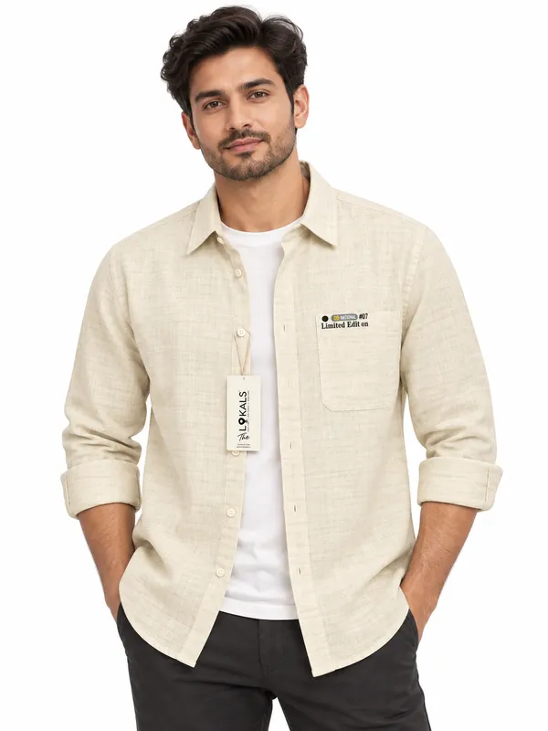 Cream_Textured_Full_Sleeve_Casual_Shirt_For_Men