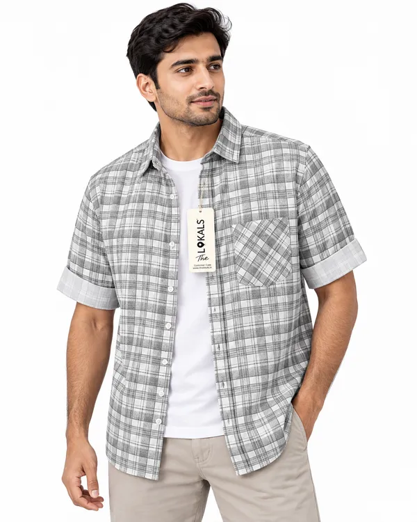 Grey_Plaid_Short_Sleeve_Casual_Shirt_For_Men