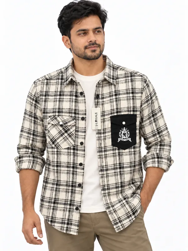 Cream_Plaid_Casual_Shirt_For_Men