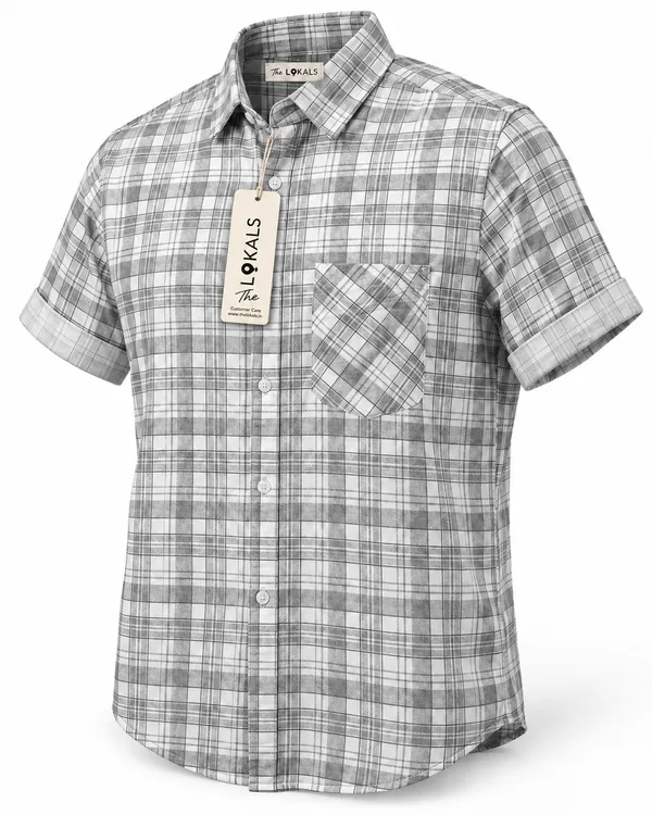 Grey_Plaid_Short_Sleeve_Casual_Shirt_For_Men