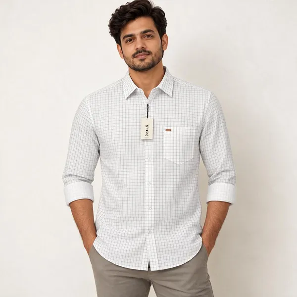 White_Grid_Check_Casual_Shirt_For_Men