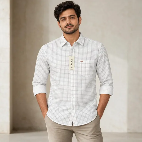 White_Grid_Check_Casual_Shirt_For_Men