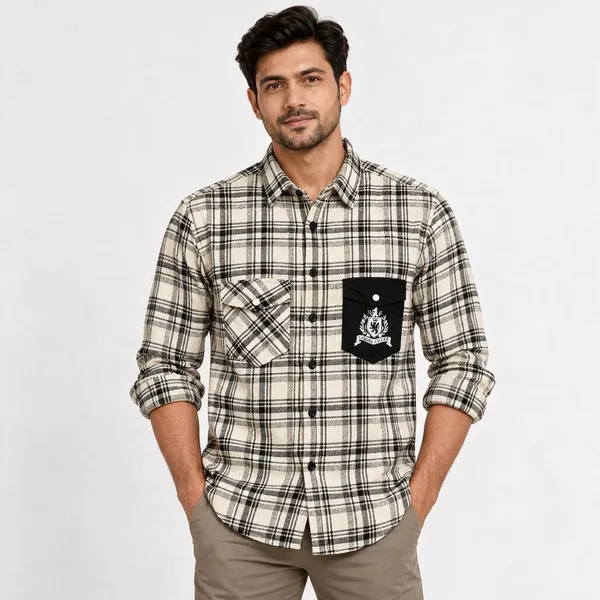 Cream_Plaid_Casual_Shirt_For_Men