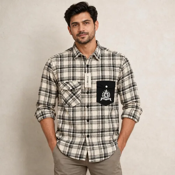 Cream_Plaid_Casual_Shirt_For_Men