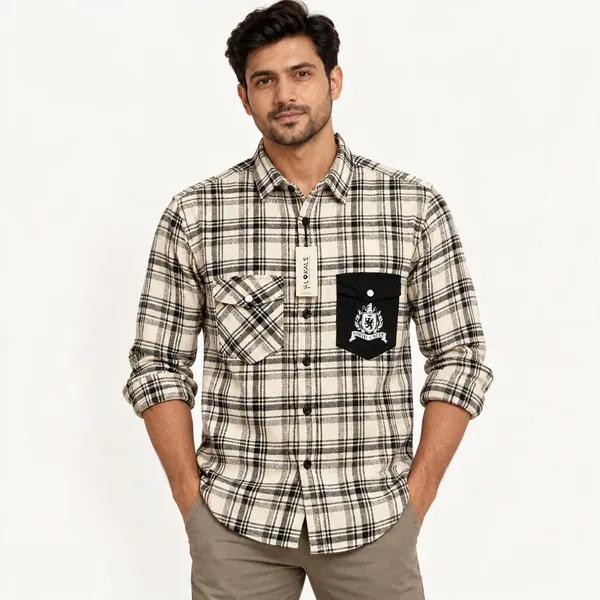 Cream_Plaid_Casual_Shirt_For_Men