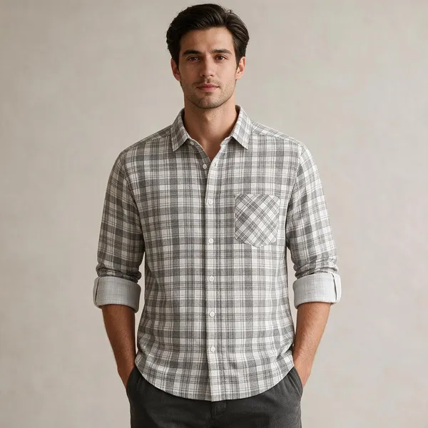 Grey_Plaid_Short_Sleeve_Casual_Shirt_For_Men