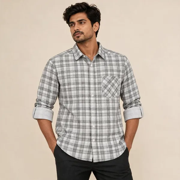 Grey_Plaid_Short_Sleeve_Casual_Shirt_For_Men