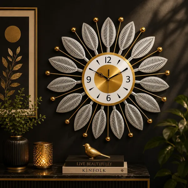 Metal_Sunburst_Leaf_Design_Wall_Clock