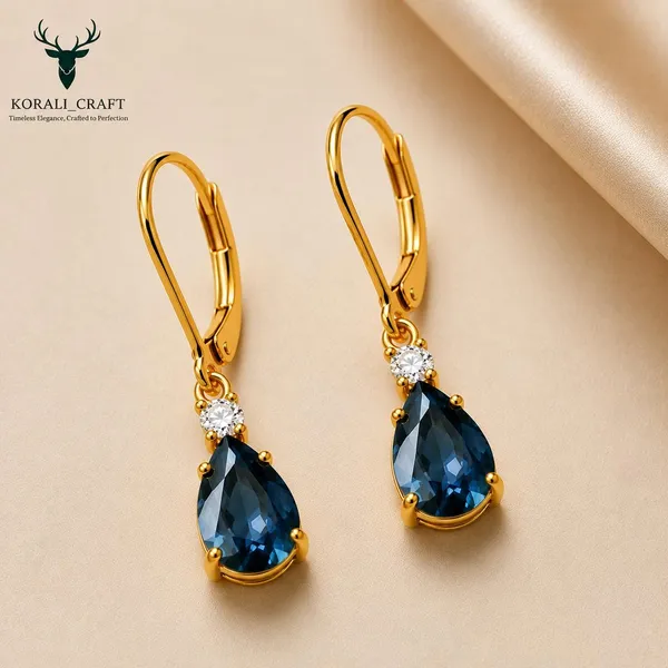 Gold_Sterling_Silver_Blue_Cz_Pear_Drop_Earrings_For_Women