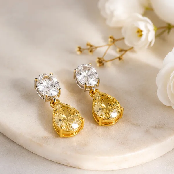 Gold_Sterling_Silver_Two_Tone_Yellow_Cz_Pear_Dangle_Earrings_For_Women