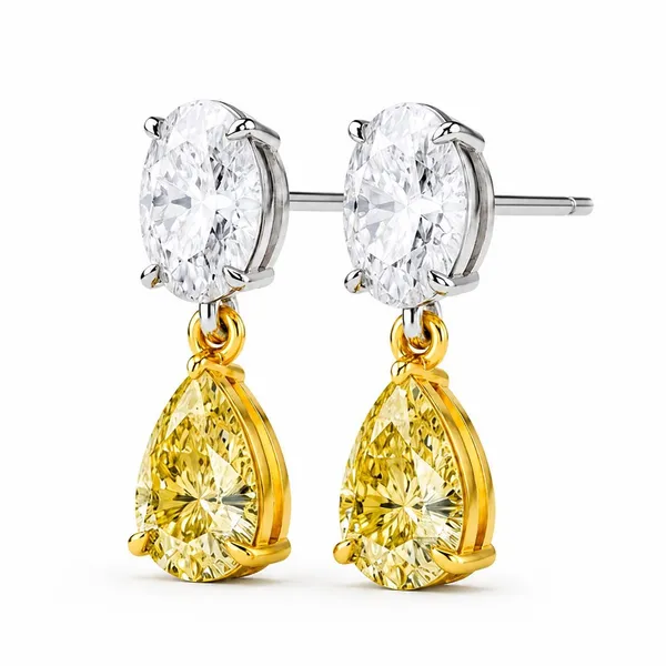 Gold_Sterling_Silver_Two_Tone_Yellow_Cz_Pear_Dangle_Earrings_For_Women