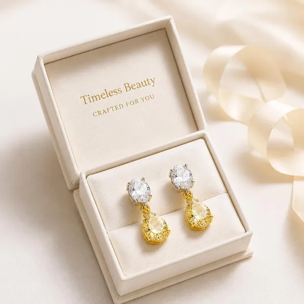 Gold_Sterling_Silver_Two_Tone_Yellow_Cz_Pear_Dangle_Earrings_For_Women